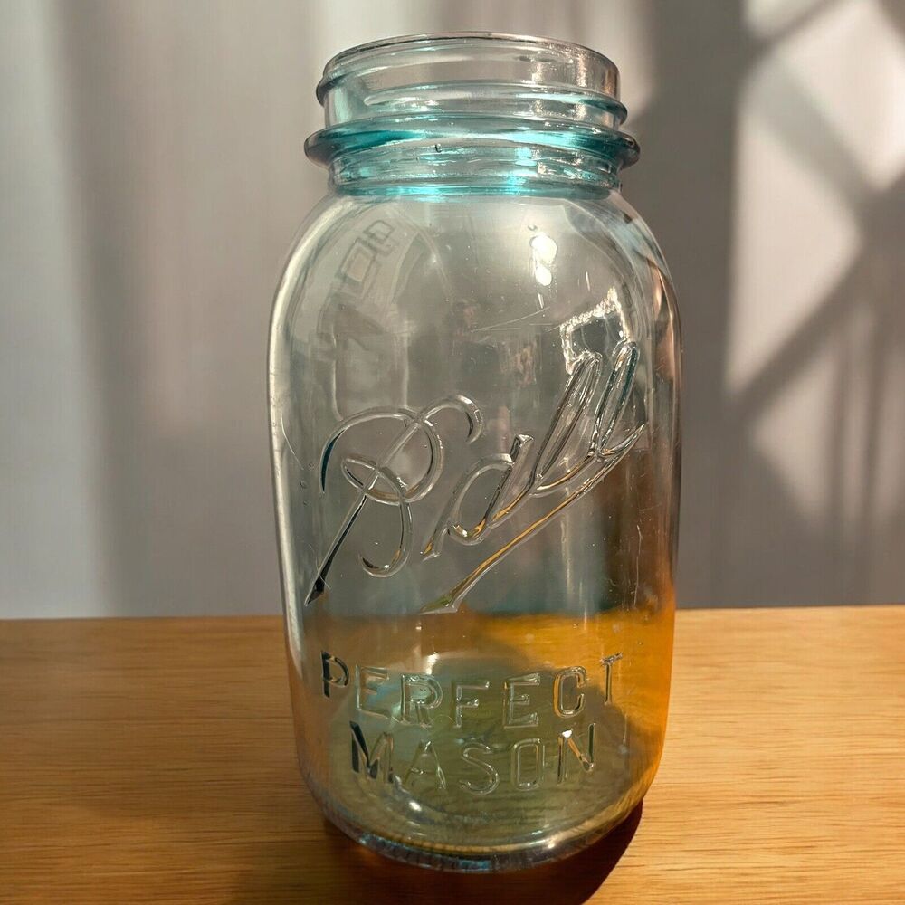 Vintage 1920s Ball Mason Quart Jar Aqua Blue #3 On Bottom Air Bubbles Crizzle